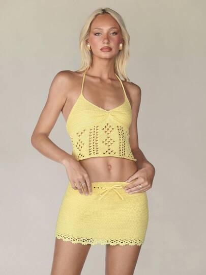 Aloruh Women's Spring And Summer Vacation Butter Yellow Crochet Hollow V-Neck Bikini Halter Backless Cross Strap Tank Top And Ultra Low Waist Mini Bodycon Crochet Skirt Vacation Two-Piece Set,Sweater Co-Ords,Beach Vacation Outfits