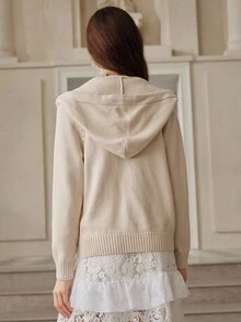 SHEIN Unity Classic Solid Color Zip-Up Hooded Knit Cardigan, Suitable For Fall, Autumn, Winter, Elegant, Chic, New Year, Casual, Christmas - Apricot - View 5