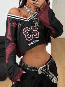 Coolane Áo thun thể thao nữ tay dài dáng rộng cổ chữ V họa tiết chữ và họa tiết mới, màu trắng - Đỏ và đen - Xem 2