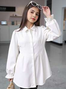 Tween Girl Longline Shirt With Open Button-Up And Cinched Waist - White - View 1