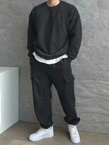 DAZY 男士加厚羊毛套衫和裤子套装，松紧腰带和大口袋，深灰色，秋冬舒适服装 - 灰色 - 查看 3