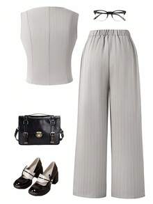 Sparklyn 2 件套青少年都市通勤优雅学院派对条纹背心 + 西装裤套装 - 彩色 - 查看 2