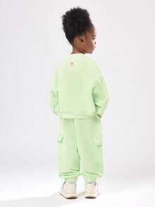 SUMWON Boxy Fit Girls Butterfly Logo Two Piece Co-Ord Set Mint Green Cargo Joggers Sweatshirt Set Casual Streetwear Spring Fall Fashion Set - Green - View 2