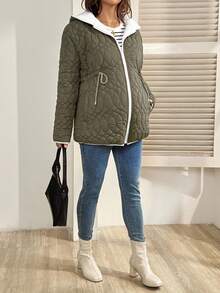 SHEIN Maternity Casual Drawstring Waist Hooded Jacket With Thermal Lined, Autumn/Winter Quilted Maternity Jacket Maternity Winter Coat Green Maternity Jacket Maternity Jacket Plus Size Maternity Coat Chic - Army Green - View 7