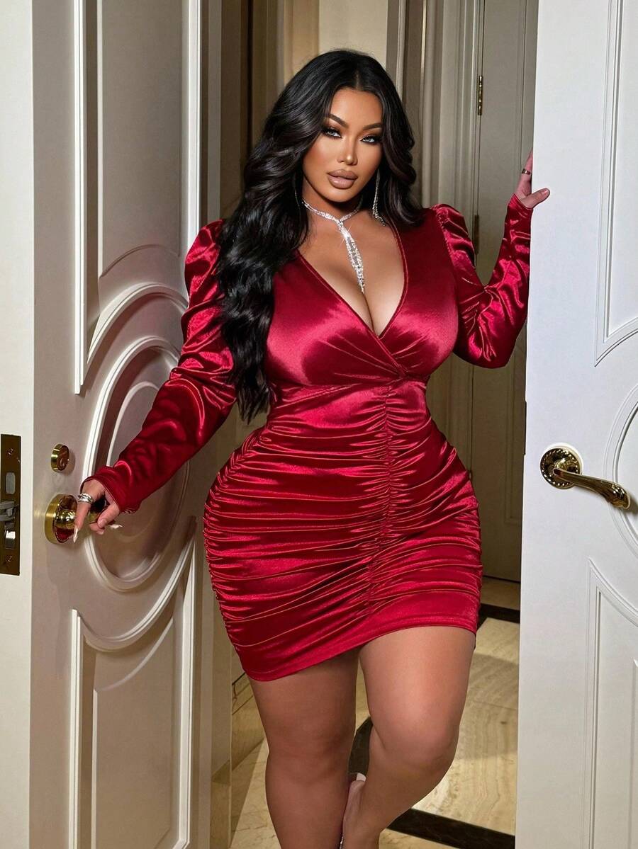 NU&NOW Váy xòe ôm sát gợi cảm cổ chữ V sâu tay bồng cho nữ cỡ lớn - Đỏ - Xem 1