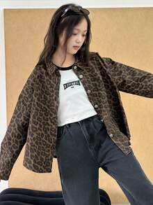 Dazy Kids Tween 女童豹纹牛仔翻领长袖夹克和外套，秋冬