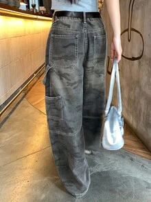 DAZY 女士水印休闲宽松牛仔裤，韩版街头风低腰牛仔裤 - 深灰色 - 查看 9