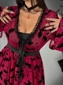 Whyspr Đầm cỡ lớn phong cách Grunge Punk, tay áo loe, chất liệu lưới xuyên thấu, phối màu tương phản, cổ chữ V, eo ngắn. - Nhiều màu - Xem 5