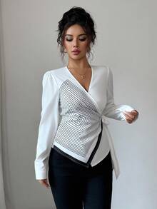 Elenzga Elegant V-Neck Digital Printed Geometric Line Pattern Long Sleeve Asymmetrical Hem Tie Bow Blouse Fall Cloth For Women - White - View 7