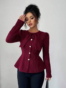Elenzga Blusa francesa elegante com laço, cintura marcada e manga comprida, ideal para viagens, uso diário e festas no outono/inverno - Borgonha - Ver 6