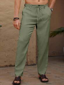 Manfinity RSRT 男士宽松抽绳腰纯色休闲度假裤，适合秋季 - 草綠色 - 查看 3