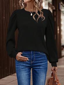 EMERY ROSE Women's Solid Color Minimalist Crew Neck Long Sleeve T-Shirt, Everyday Wear - Black - View 6
