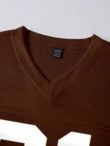 INAWLY Women's Loose V-Neck T-Shirt With 81 Numeric Print, Sporty Football Style - Coffee Brown - View 4
