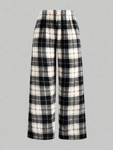 Tween Girl Loose Casual Minimalist Comfortable Round Neck Long Sleeve Fleece Top & Plaid Pants Pajama Set - Black and White - View 4