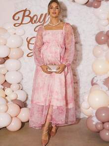 Loomaby Elegant Floral Print Mesh Dress For Pregnant Women, Party Wear Maternity Dress For Baby Shower Pink Floral Maternity Dress Babyshower Dress Pregnancy Photoshoot Dress Maternity Baby Shower Outfit  Dress Gender Reveal Dress Maternity Dress Baby Shower Dress Babyshower Dress Maternity Pink Floral Women Dress Baby Shower Guest Outfit Pregnancy Dress For Photoshoot