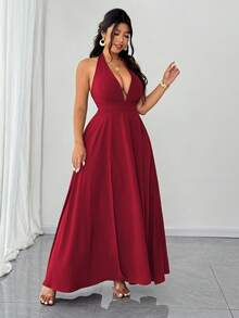 Elenzga Đầm hở lưng gợi cảm cổ chữ V sâu màu trơn cỡ lớn dành cho nữ - Đỏ - Xem 4