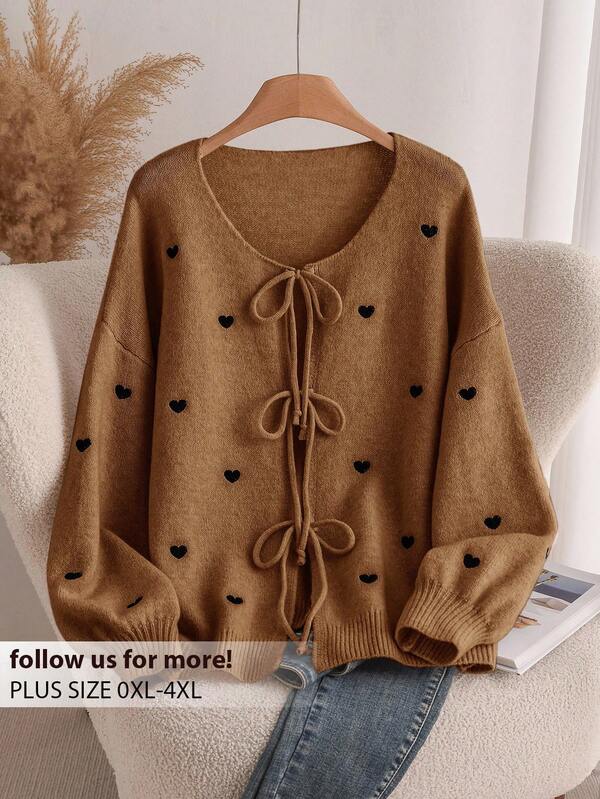 CosyJoli Chaqueta de punto con parche en forma de corazón para mujer de talla grande, jersey de moda elegante estilo francés para otoño/invierno