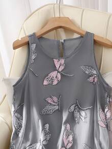 Franclia Women's Elegant Delicate Round Neck Mesh Embroidered Sequin Sleeveless Short A-Line Dress, Apricot Color, Summer - Grey - View 6