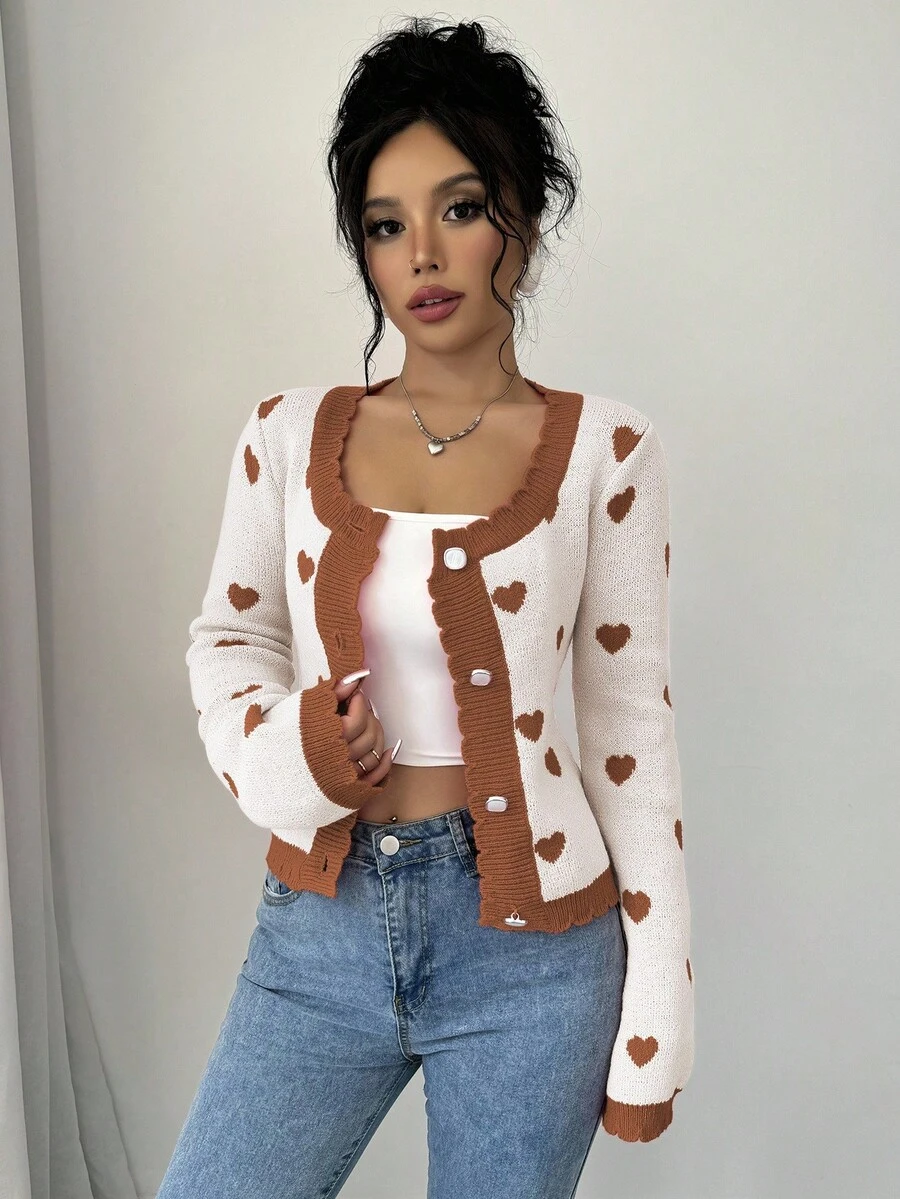 Elenzga Casual Colorblock Heart Jacquard Knit Cardigan, Autumn/Winter - Apricot - View 1