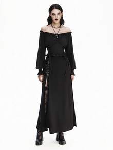 Breakform Váy ôm sát cơ thể cạp cao, xẻ tà cao, dài đến mắt cá chân, phong cách Gothic dành cho nữ, màu trơn, kim loại, có thể điều chỉnh được - màu đen - Xem 5