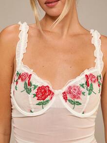 Enchnt 2pcs Set - Sexy Seersucker Ruffled Mesh Embroidery Lingerie Nightgown And G-String - Multicolor - View 3