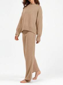 Franclia 2pcs/Set Setelan Sweater dan Celana Rajut Polos Kasual, Musim Gugur/Musim Dingin - Unta - View 5
