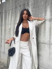 Ronhire 深灰色翻领宽肩带女士长款西装裤套装