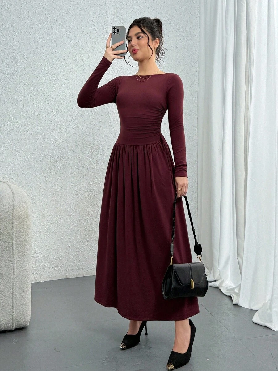 DAZY Women's Solid Color Long Sleeve Ruched Fitted Dress Red Women Dresses