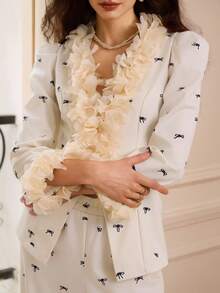 Penseblé Women's Suit Set, Contrast Color Design, Floral & Bow Print - Black and White - View 4