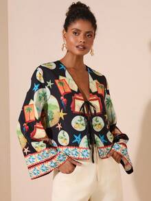 Travachic Áo sơ mi tay dài buộc dây phía trước họa tiết trái cây thường ngày dành cho nữ, Áo cánh Boho, Mùa thu sang trọng, Đi chơi, Thanh lịch, Phong cách đồng quê dành cho nữ, Mùa thu dành cho nữ - màu đen - Xem 7