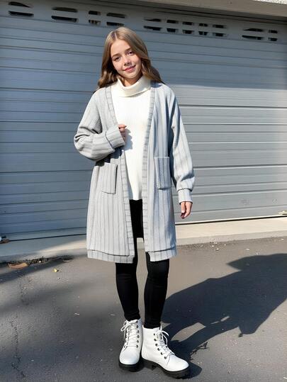 Tween Girls' Solid Ribbed Long Sleeve Pocket Casual Jacket