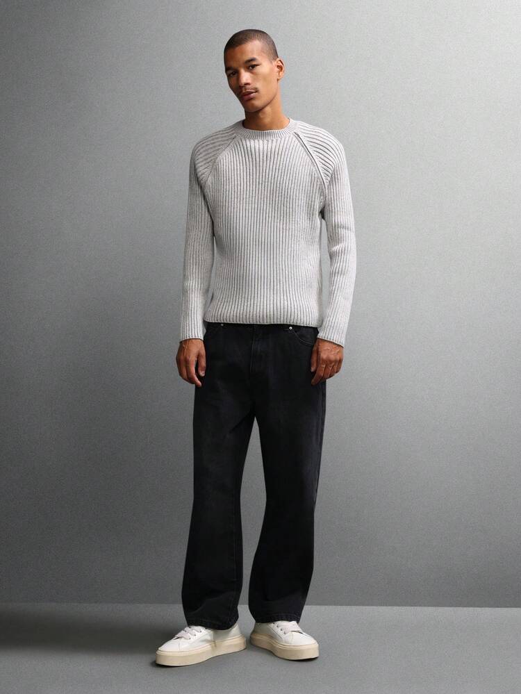 Ribbed Raglan Sleeve Sweater With Shoulder Zip