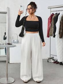 SHEIN EZwear Plus Size Solid Color Textured Loose Casual Wide Leg Pants, Autumn/Winter