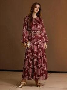 MOTF PREMIUM ALLOVER PRINT TIE NECK LANTERN SLEEVE RUFFLE HEM LONG DRESS WITHOUT CHAIN BELT - Red - View 4