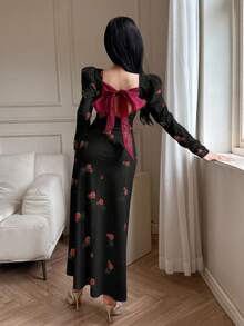 Feyla 女式露背蝴蝶结吊带性感花卉印花方领泡泡袖中长连衣裙 - 黑色 - 查看 2