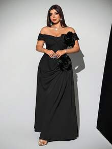 Viva Relle Plus Size Fashionable 3D Floral Fitted Formal Party Dress - Black - View 6