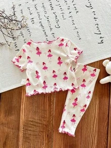 SHEIN LMoss Kids Dozemod 儿童新生女婴可爱卡通图案荷叶边圆领短袖针织柔软睡衣套装，2 件