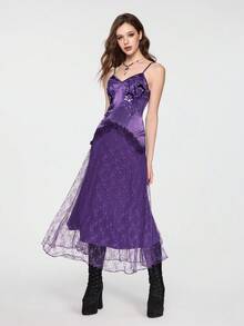 ROMWE EDITION Women's Mysterious Dark Night Witch Style Vintage Satin Contrast Lace Beaded Embroidered Floral Trim Bodycon Mermaid Dress - Pink - View 7