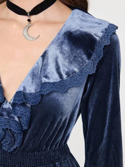 EDITION Women's Mysterious Dark Night Witch Style Vintage Lace Patchwork Ruffle Hem Deep V Sexy Extra Long Dress