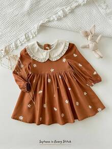 Cozy Pixies Baby Girl Ditsy Floral Contrast Color Peter Pan Collar Long Sleeve Waist Dress Fall Winter - Multicolor - View 5