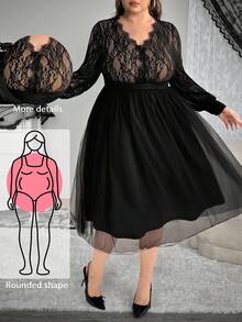 Enliva Christmas Plus Size Women Lantern Sleeve Midi Lace Dress/Autumn /Winter