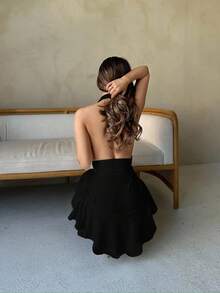 Jemour 純色露背領結連體褲 - 黑色 - 查看 2