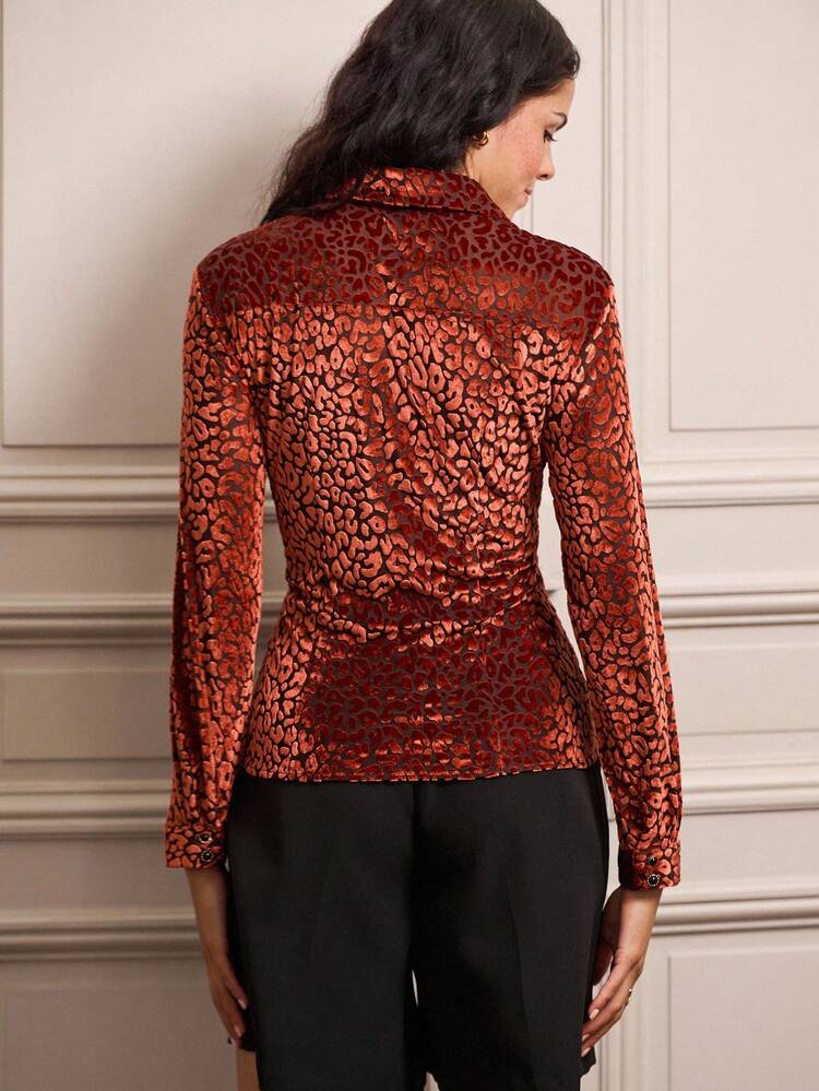 Leopard Print Velvet Burn Out Button Front Shirt Spring Women Spring Summer Office Going Out