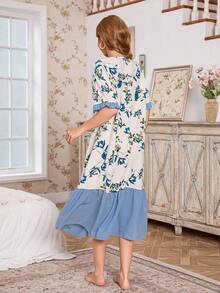 Bubble Wrinkle Floral Print Color Block Ruffle Hem Women Long Nightgown - Multicolor - View 2
