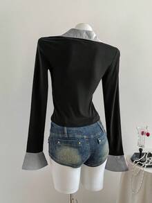 Sweetra 1 件女式条纹拼接不对称下摆紧身长袖 T 恤，二合一衬衫领，时尚休闲街头风格，秋冬图案 T 恤女式春季上衣 - 黑與白 - 查看 3