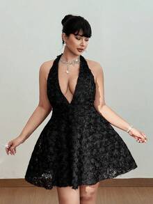 Viva Relle Plus Size Women's 3D Floral Deep V-Neck Party Mini Dress - Black - View 5