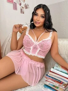 Bộ đồ lót ren lưới thêu nơ xinh xắn cỡ lớn có gọng, 2 món - Hồng - Xem 5