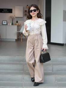 Tween Girl Eyelet Embroidered Trim Statement Collar Flounce Sleeve Blouse - White - View 5