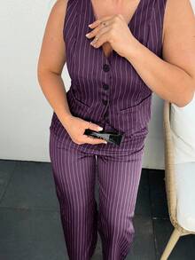 Jeta Ari 女款休闲条纹背心+女款休闲西装裤 - 紫色 - 查看 9