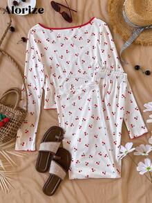 2 件套青少年女孩圆领长袖 T 恤，樱桃印花和松紧腰宽松直筒裤休闲装，秋季 - 白色 - 查看 2